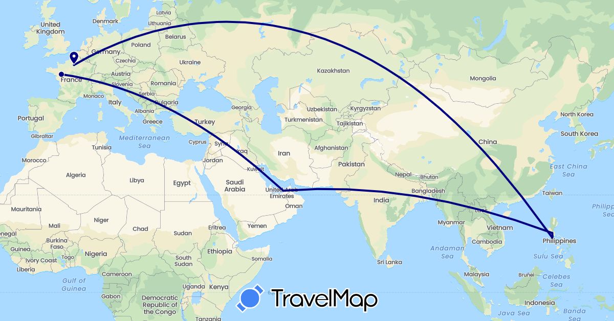 TravelMap itinerary: driving in France, Philippines (Asia, Europe)
